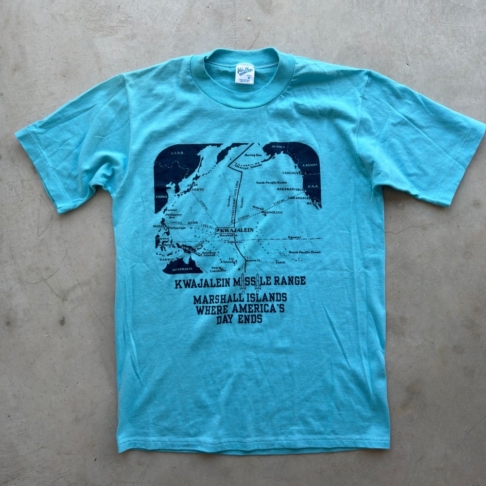Vintage Velva Sheen Kwajalein Missile Range T-Shirt Marshall Islands Blue Medium